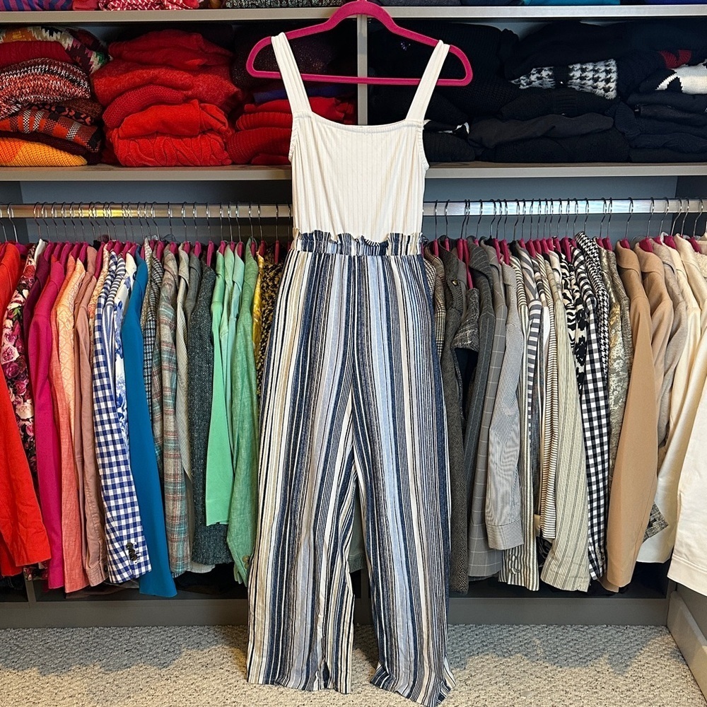 Ultra Flirt white/cream/blue striped sleeveless tie back jumpsuit size S